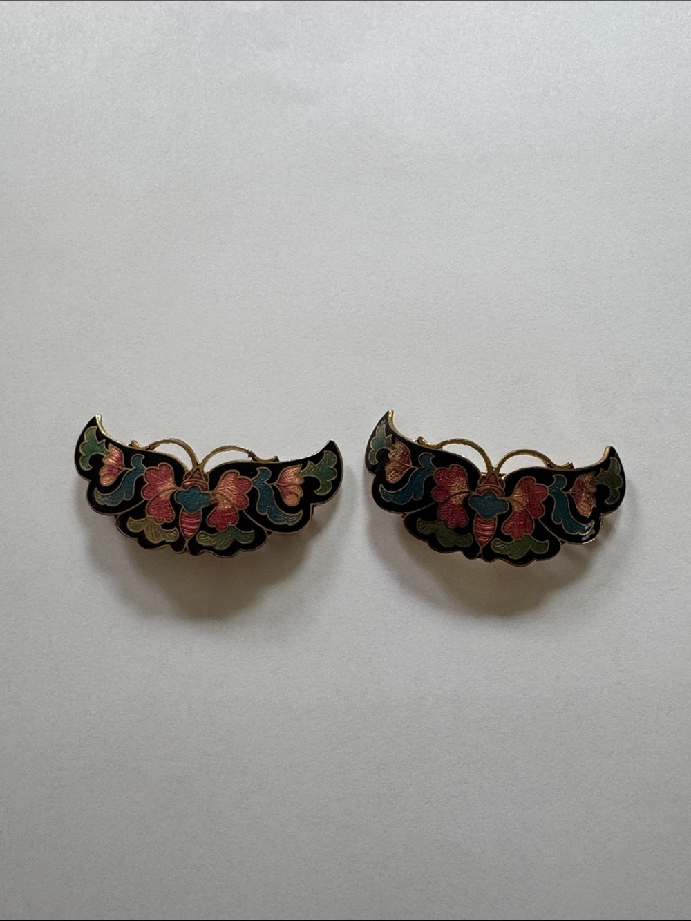 Vintage Floral Cloisonné Barrettes, Red, Green, Blue and Black. EUC. Butterflies